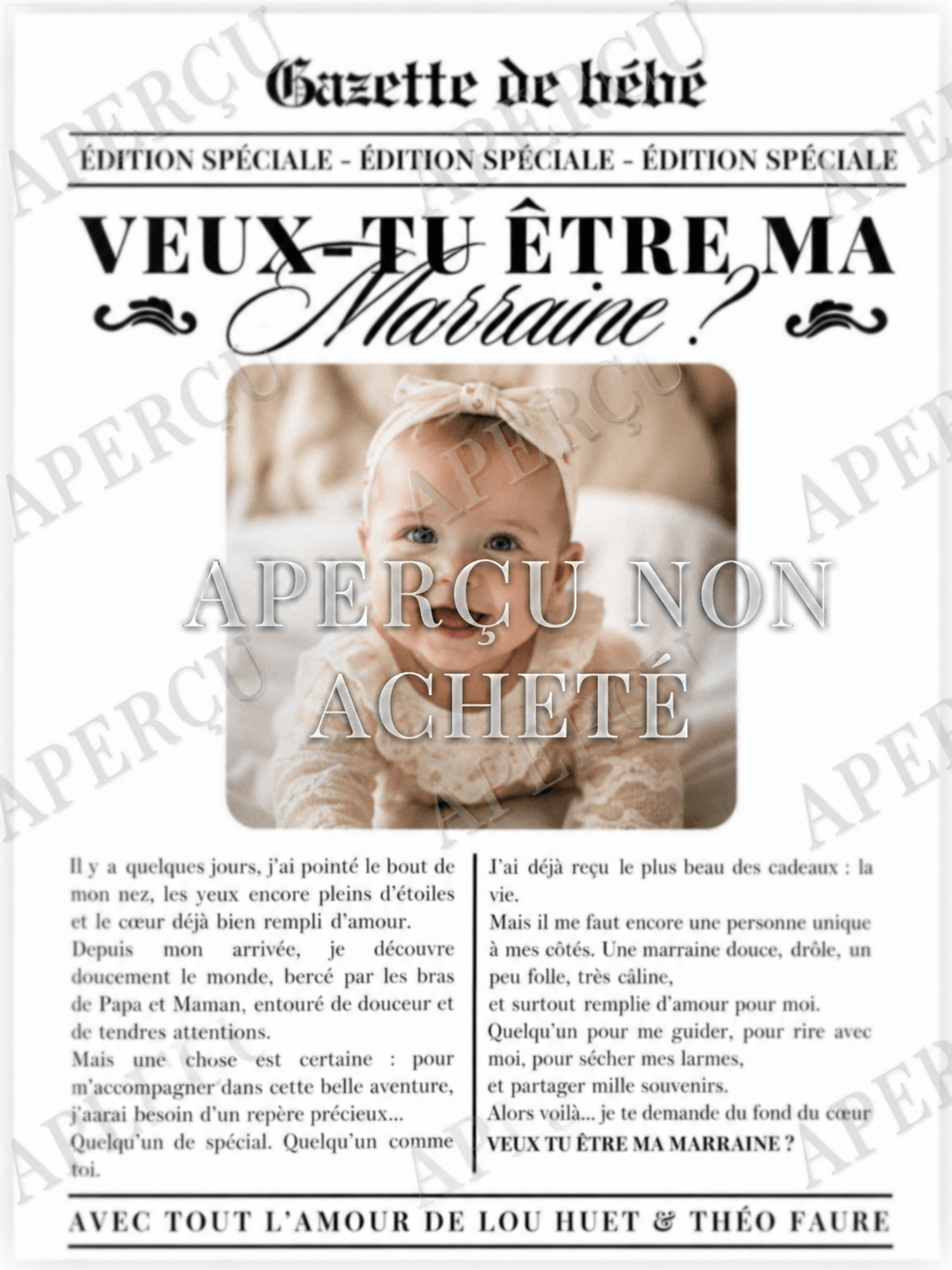 Demande marraine Gazette de bébé personnalisée