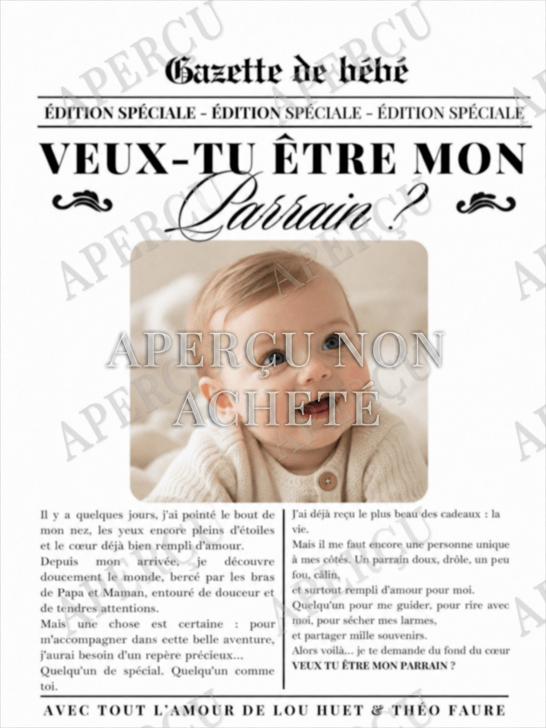 Demande parrain Gazette de bébé personnalisée
