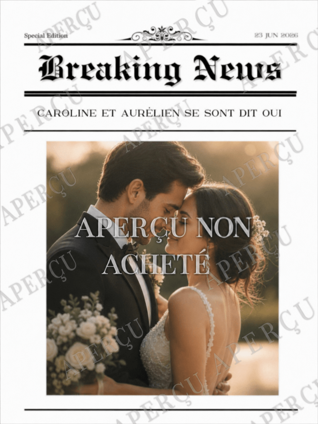 Faire-part mariage Breaking News personnalisé